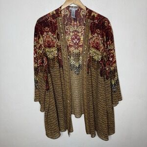 Catherines Open Front Sheer Beaded Kimono Womens 5X Bohemian Brown Red Festival